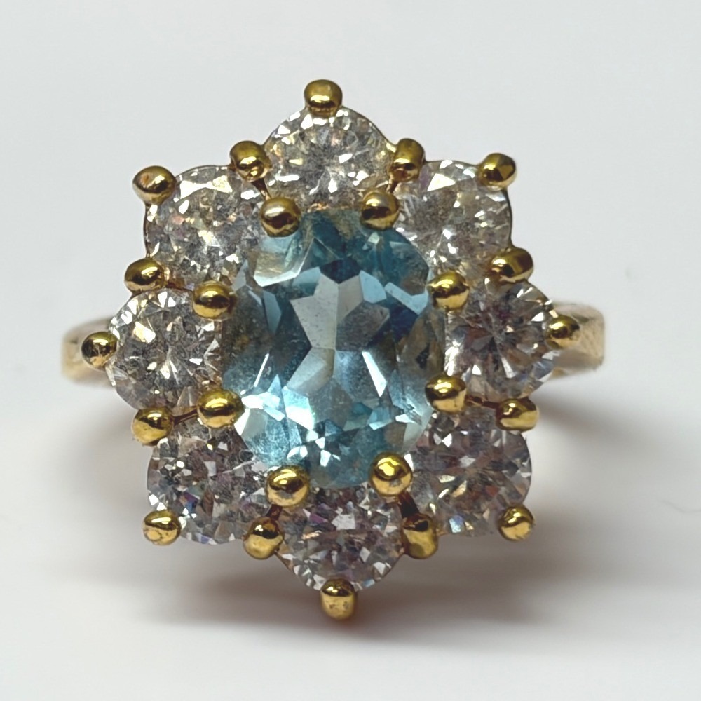 Gold Tone Blue Oval Crystal Double Halo Cluster Ring Size 8.5